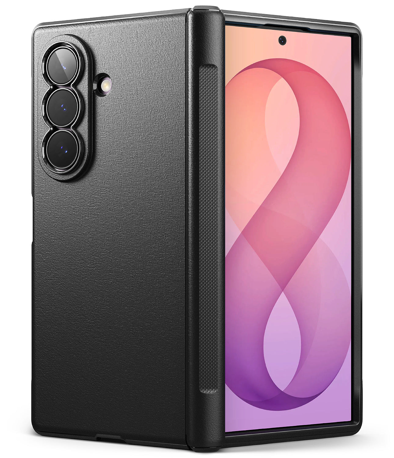 Galaxy Z Fold 8 Ultra Case | Onyx Flap (BK) - A black textured protective case for a foldable smartphone, shown on the back of a closed device alongside the front screen of the same phone, against a plain white background.