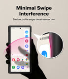 Galaxy Z Fold 8 Ultra Case | Onyx Flap - A hand holds a smartphone to demonstrate a low-profile edge design, with text reading 'Minimal Swipe Interference' and a circular inset showing the slim edge of the phone.
