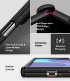 Galaxy Z Fold 8 Ultra Case | Onyx Flap - A black Samsung Galaxy Z Fold 8 Ultra protective case shown in a multi-panel feature infographic. The graphic highlights the anti-separation TPU bridge design, fine-cut details, open-button design, precise cutouts, and wireless charging compatibility.