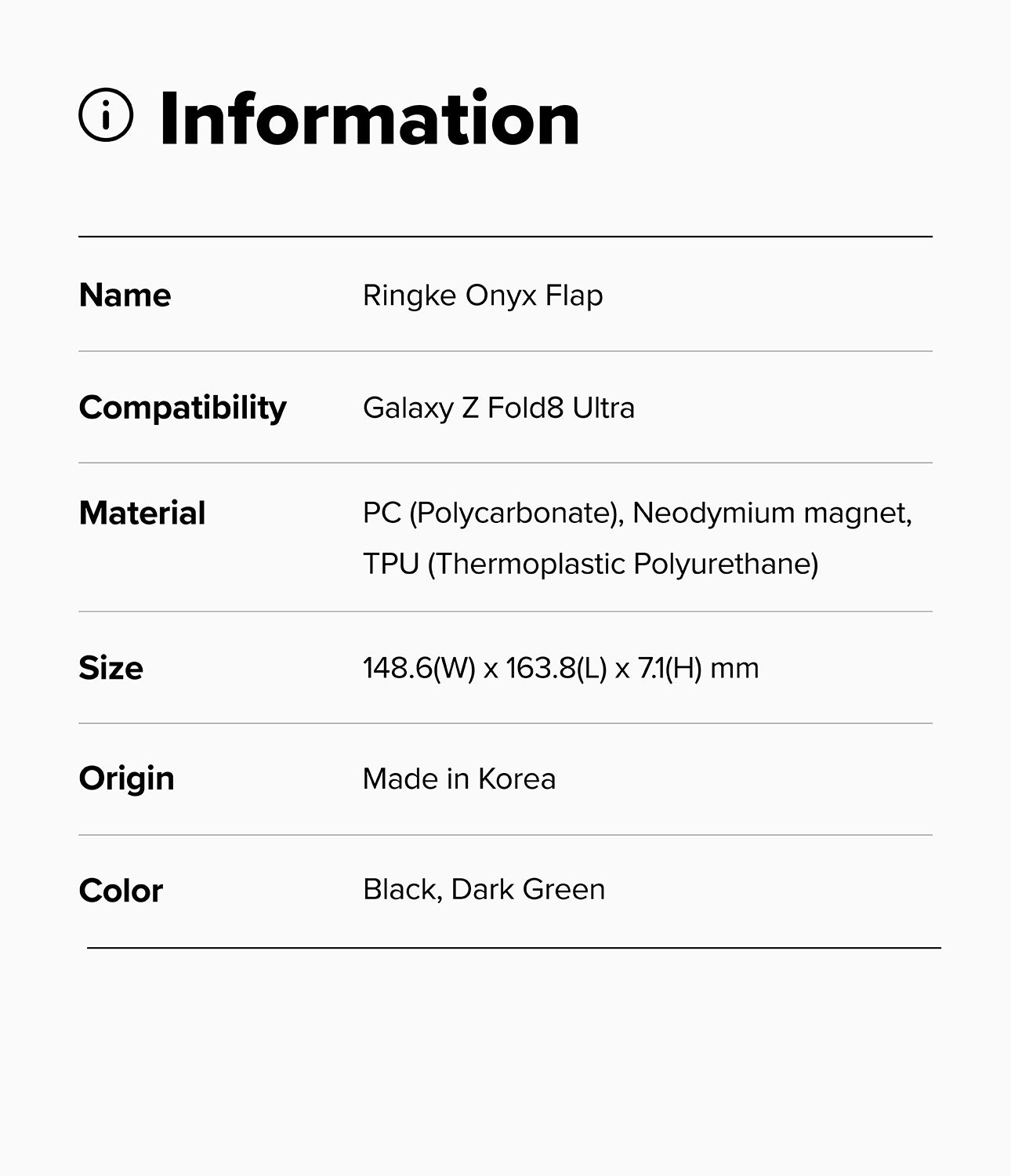 Galaxy Z Fold 8 Ultra Case | Onyx Flap - An information card with a light gray background and black text listing product details for a Ringke Onyx Flap compatible with Galaxy Z Fold Ultra. The card includes the product name, compatibility, materials, dimensions, origin, and color description.