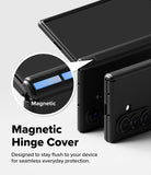 Galaxy Z Fold 8 Ultra Case | Onyx Flap - Black magnetic hinge cover case shown on a smartphone, with a circular inset highlighting the magnetic strip and the text 'Magnetic Hinge Cover' on a light gray background.