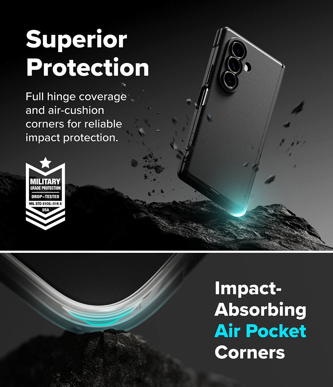 Galaxy Z Fold 8 Ultra Case | Onyx Flap - Promotional graphic for a smartphone case showing a black phone floating above dark rocks with text reading 'Superior Protection' and 'Impact-Absorbing Air Pocket Corners.' A military-style badge appears on the left, and a close-up of the curved case edge with glowing teal accent is shown at the bottom.