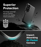 Galaxy Z Fold 8 Ultra Case | Onyx Flap - Promotional graphic for a smartphone case showing a black phone floating above dark rocks with text reading 'Superior Protection' and 'Impact-Absorbing Air Pocket Corners.' A military-style badge appears on the left, and a close-up of the curved case edge with glowing teal accent is shown at the bottom.