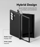 Galaxy Z Fold 8 Ultra Case | Onyx Flap - A black protective case for a folding smartphone shown in an exploded view to demonstrate its hybrid design. The image features text overlays explaining the 'Outer Layer Flexible TPU' and 'Inner Layer Hard PC' along with 'Hybrid Design' and 'Dual-material construction for everyday use & protection'.