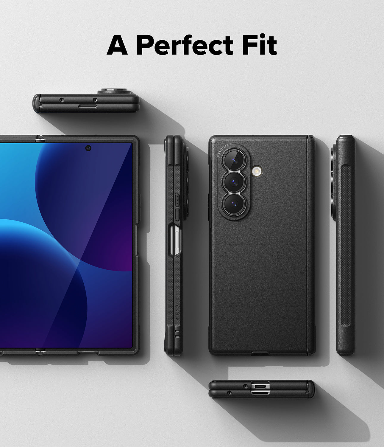 Galaxy Z Fold 8 Ultra Case | Onyx Flap - A black protective case shown from multiple angles with a smartphone inside, on a light gray background with the text 'A Perfect Fit' at the top.