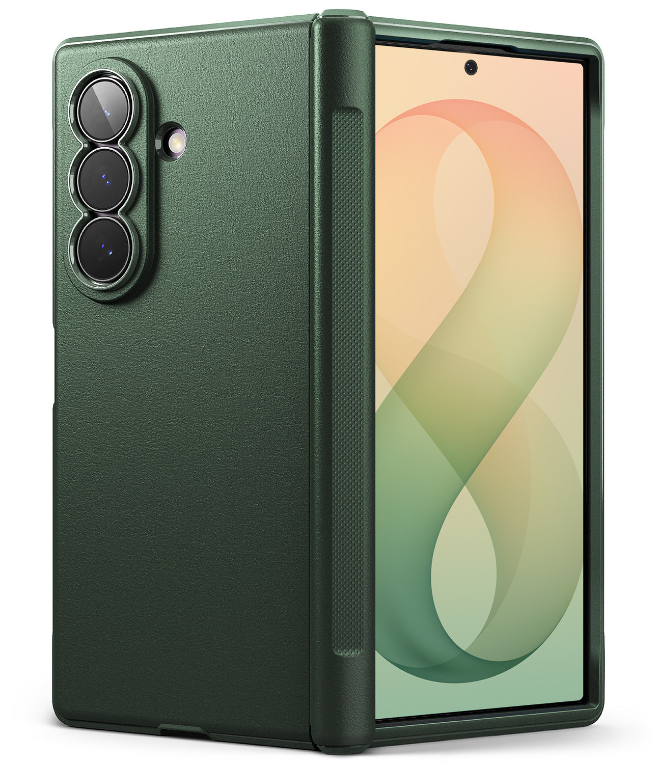 Galaxy Z Fold 8 Ultra Case | Onyx Flap (GRN) - A dark forest green protective case for a foldable smartphone, shown from both the back and front angles against a plain white background.