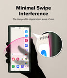 Galaxy Z Fold 8 Ultra Case | Onyx Flap - A hand holds a smartphone to demonstrate a low-profile edge design, with text reading 'Minimal Swipe Interference' and a circular inset showing the slim edge of the phone.
