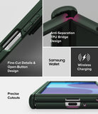 Galaxy Z Fold 8 Ultra Case | Onyx Flap - A dark green rugged phone case shown in a multi-panel feature graphic. The collage highlights the side button design, anti-separation TPU bridge, fine-cut details, precise cutouts, Samsung wallet compatibility, and wireless charging support.