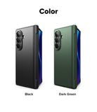 Galaxy Z Fold 8 Ultra Case | Onyx Flap - A color comparison graphic showing two foldable phone cases side by side on a white background, labeled 'Color' at the top and 'Black' and 'Dark Green' below. The left case is matte black, and the right case is dark green, both with blue-purple side accents visible.