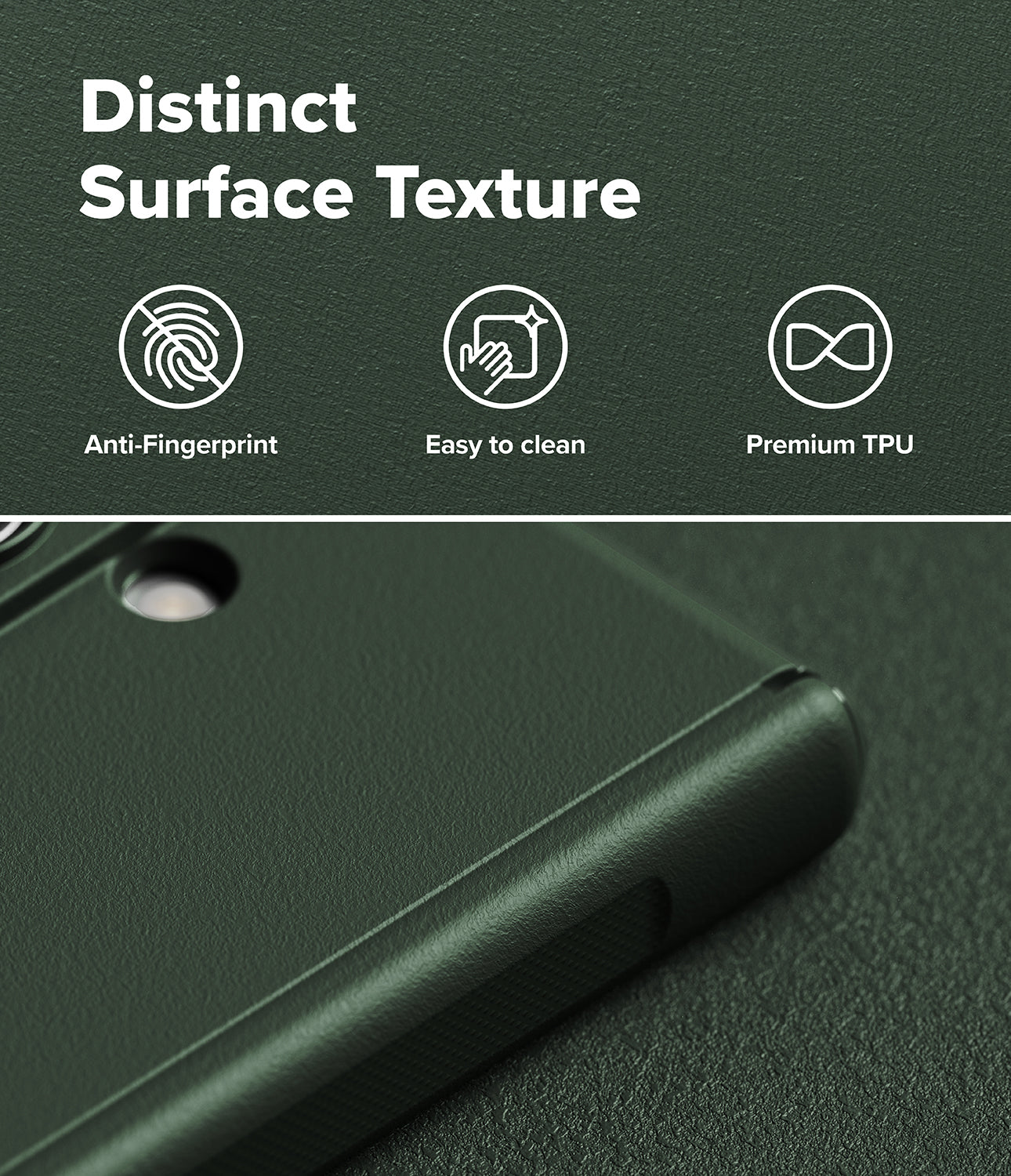 Galaxy Z Fold 8 Ultra Case | Onyx Flap - Dark green phone case with a textured surface, featuring a close-up of the corner showing its matte finish and a camera cutout. The top portion includes marketing text reading 'Distinct Surface Texture' with icons for 'Anti-Fingerprint', 'Easy to clean', and 'Premium TPU'.