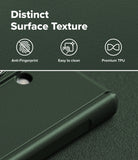 Galaxy Z Fold 8 Ultra Case | Onyx Flap - Dark green phone case with a textured surface, featuring a close-up of the corner showing its matte finish and a camera cutout. The top portion includes marketing text reading 'Distinct Surface Texture' with icons for 'Anti-Fingerprint', 'Easy to clean', and 'Premium TPU'.