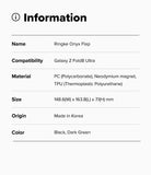 Galaxy Z Fold 8 Ultra Case | Onyx Flap - An information card with a light gray background and black text listing product details for a Ringke Onyx Flap compatible with Galaxy Z Fold Ultra. The card includes the product name, compatibility, materials, dimensions, origin, and color description.