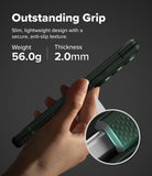 Galaxy Z Fold 8 Ultra Case | Onyx Flap - A hand holds a slim dark green protective phone case against a dark gray background, with text highlighting its outstanding grip, lightweight design, and specifications (56.0g weight, 2.