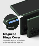Galaxy Z Fold 8 Ultra Case | Onyx Flap - Dark green magnetic hinge cover case shown on a smartphone, with a circular inset highlighting the magnetic feature and text reading 'Magnetic Hinge Cover' on a light gray background.