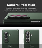 Galaxy Z Fold 8 Ultra Case | Onyx Flap - Dark green phone case with a raised camera ring protector, shown from the back with text reading 'Camera Protection' and comparison labels 'Ringke' and 'Others' on a split dark and light background.