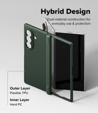 Galaxy Z Fold 8 Ultra Case | Onyx Flap - A dark green hybrid phone case shown on a smartphone, with text explaining its dual-material construction: an outer flexible TPU layer and an inner hard PC layer. The image is set against a clean light gray background.
