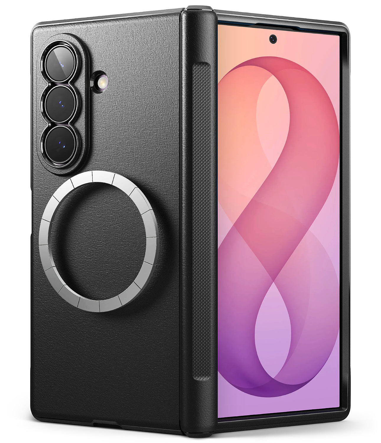 Galaxy Z Fold 8 Ultra Case | Onyx Flap Magnetic (BK) - A black textured phone case with a circular magnetic ring on the back, shown alongside a smartphone displaying a pink and purple wallpaper. The case is photographed on a clean white background.