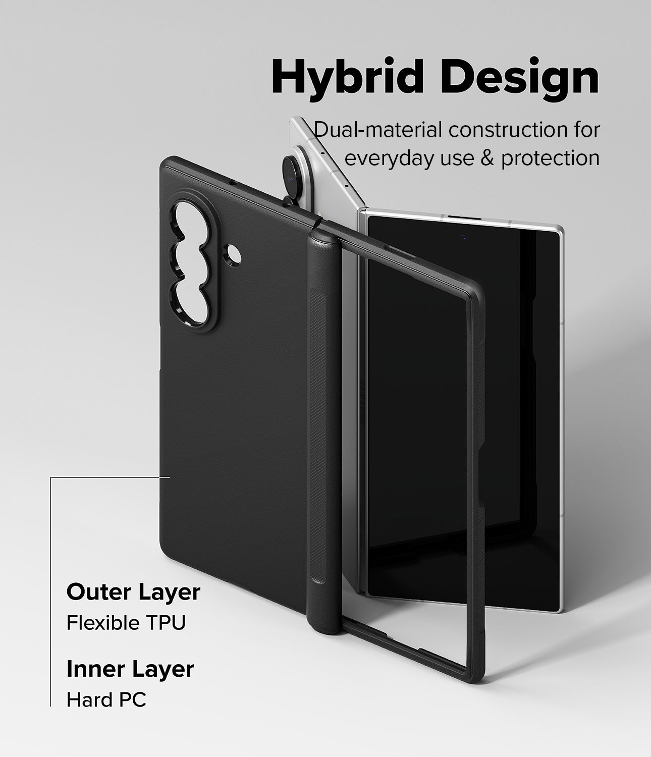 Galaxy Z Fold 8 Ultra Case | Onyx Flap Magnetic - A black protective case for a folding smartphone shown in an exploded view to demonstrate its hybrid design. The image features text overlays explaining the 'Outer Layer Flexible TPU' and 'Inner Layer Hard PC' along with 'Hybrid Design' and 'Dual-material construction for everyday use & protection'.