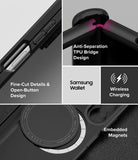 Galaxy Z Fold 8 Ultra Case | Onyx Flap Magnetic - A black Samsung Galaxy Z Fold 8 Ultra protective case shown in a multi-panel feature graphic. The panels highlight the anti-separation TPU bridge design, fine-cut details and open-button design, a built-in magnetic wallet, wireless charging compatibility, and embedded magnets.