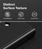 Galaxy Z Fold 8 Ultra Case | Onyx Flap Magnetic - Close-up of a black textured phone case with a camera cutout, shown below the text 'Distinct Surface Texture' and feature icons for anti-fingerprint, easy to clean, and premium TPU.