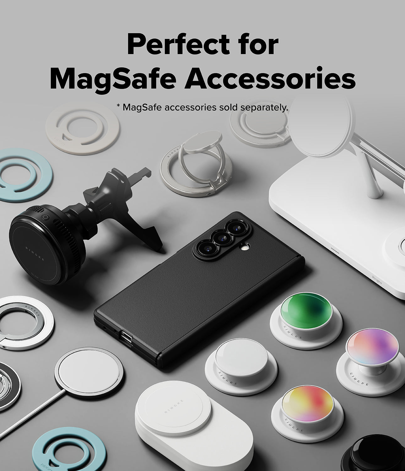 Galaxy Z Fold 8 Ultra Case | Onyx Flap Magnetic - A black smartphone case with a MagSafe ring, shown with a phone on a gray background surrounded by various MagSafe accessories including white stands, colorful rings, and mounting pieces. Text at the top reads 'Perfect for MagSafe Accessories'.