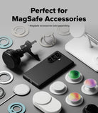 Galaxy Z Fold 8 Ultra Case | Onyx Flap Magnetic - A black smartphone case with a MagSafe ring, shown with a phone on a gray background surrounded by various MagSafe accessories including white stands, colorful rings, and mounting pieces. Text at the top reads 'Perfect for MagSafe Accessories'.