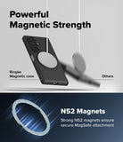 Galaxy Z Fold 8 Ultra Case | Onyx Flap Magnetic - Promotional graphic for a black magnetic phone case with a large circular MagSafe ring. The top half shows the case floating with a blurred magnetic disc approaching it under the text 'Powerful Magnetic Strength' and labels 'Ringke Magnetic case' and 'Others'.