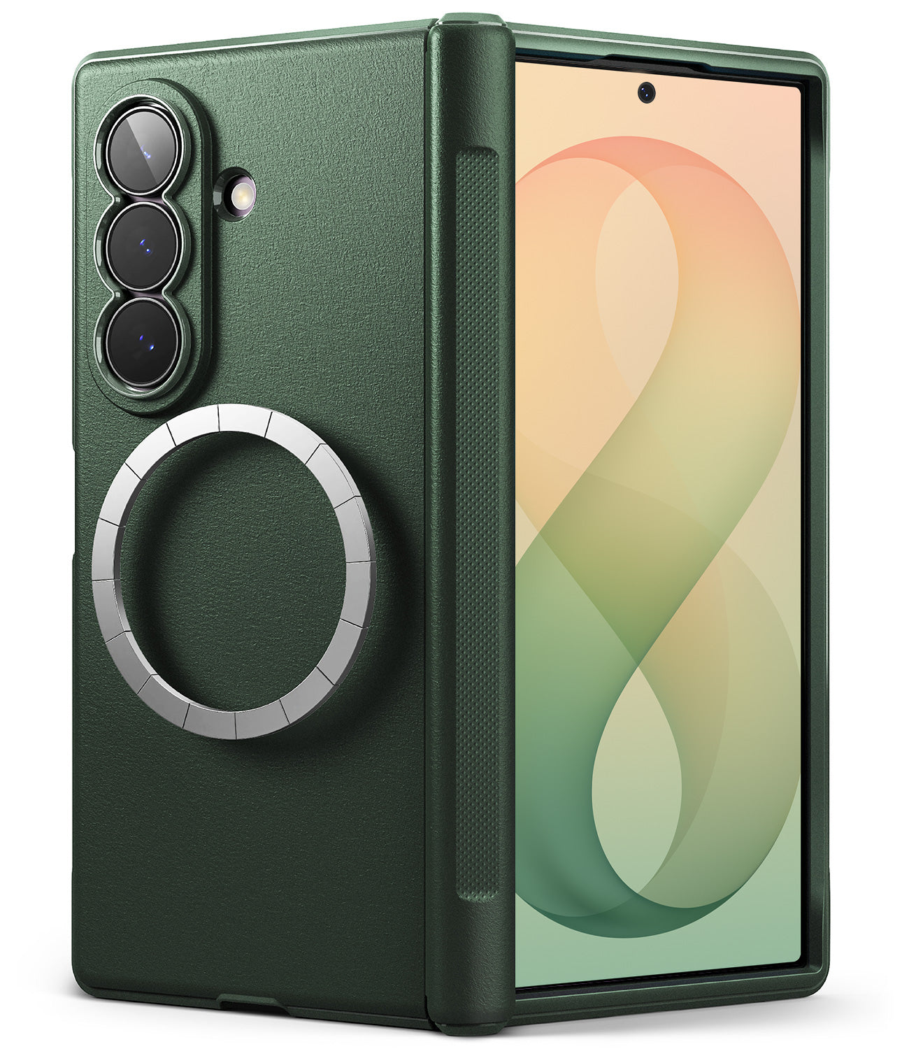 Galaxy Z Fold 8 Ultra Case | Onyx Flap Magnetic (GRN) - A dark green protective case for a foldable smartphone, featuring a large circular magnetic ring on the back and a textured grip edge, shown alongside the phone's front display.