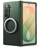 Galaxy Z Fold 8 Ultra Case | Onyx Flap Magnetic (GRN) - A dark green protective case for a foldable smartphone, featuring a large circular magnetic ring on the back and a textured grip edge, shown alongside the phone's front display.