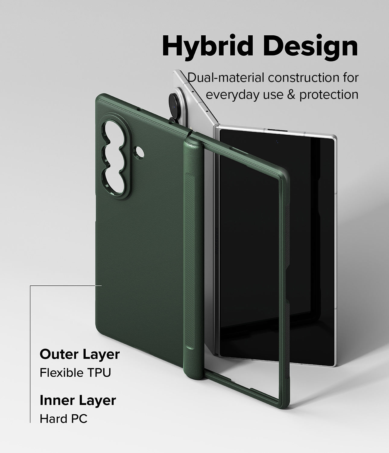 Galaxy Z Fold 8 Ultra Case | Onyx Flap Magnetic - A dark green hybrid phone case shown on a smartphone, with text explaining its dual-material construction: an outer flexible TPU layer and an inner hard PC layer. The image is set against a clean light gray background.
