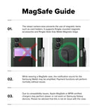 Galaxy Z Fold 8 Ultra Case | Onyx Flap Magnetic - A product information sheet titled 'MagSafe Guide' with three numbered text points and two small inset photos demonstrating magnetic card holder and wallet attachment on a phone case.