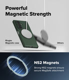 Galaxy Z Fold 8 Ultra Case | Onyx Flap Magnetic - Promotional graphic for a black magnetic phone case with a large circular MagSafe ring. The top half shows the case floating with a blurred magnetic disc approaching it under the text 'Powerful Magnetic Strength' and labels 'Ringke Magnetic case' and 'Others'.