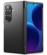 Galaxy Z Fold 8 Ultra Case | Onyx Flap - A black protective case for a folding smartphone, shown partially open to display both the textured back cover and the inner screen area. The phone inside displays a blue and purple abstract wallpaper.