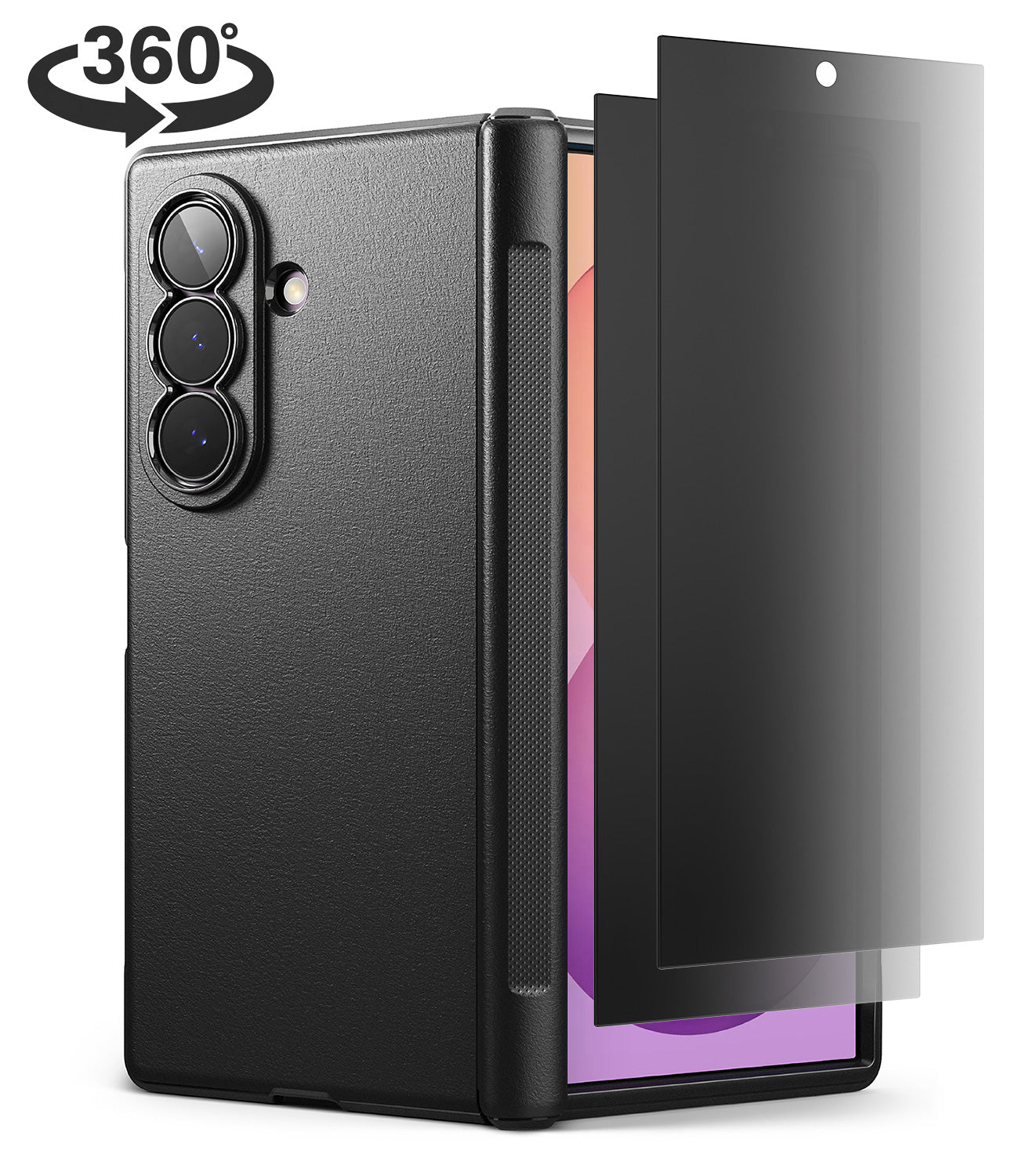 [Bundle] Galaxy Z Fold 8 Ultra | Onyx Flap (BK) + 360° Privacy - Black textured foldable phone case shown closed, with a dark tinted screen protector partially covering the front. A 360-degree rotation graphic appears in the top-left corner on a clean white background.