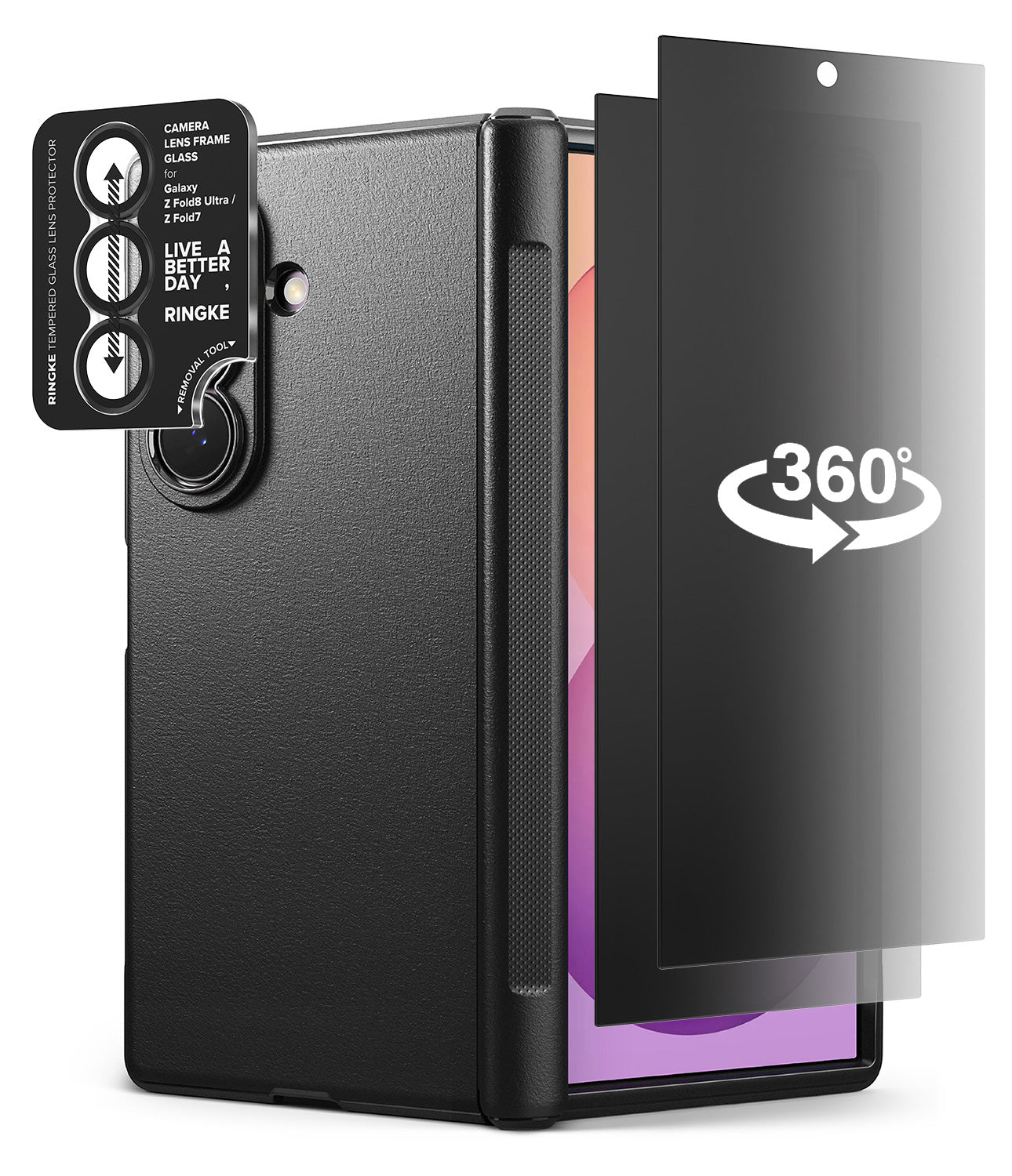 [Bundle] Galaxy Z Fold 8 Ultra | Onyx Flap (BK) + 360° Privacy & Camera Protectors - Black protective phone case with a textured leather-like finish, shown with a transparent screen protector overlay and a camera lens protector sticker. The screen protector features a white '360°' graphic.