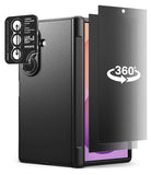 [Bundle] Galaxy Z Fold 8 Ultra | Onyx Flap (BK) + 360° Privacy & Camera Protectors - Black protective phone case with a textured leather-like finish, shown with a transparent screen protector overlay and a camera lens protector sticker. The screen protector features a white '360°' graphic.