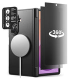 [Bundle] Galaxy Z Fold 8 Ultra | Onyx Flap Magnetic (BK) + 360° Privacy & Camera Protectors - A black textured phone case with a MagSafe-compatible circular magnetic ring, shown alongside a black tempered glass screen protector labeled '360°' and a small black camera lens protector sticker. The phone inside the case has a purple wallpaper visible.
