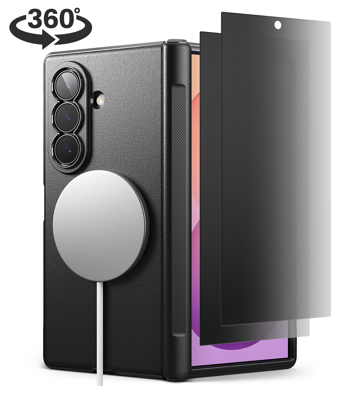 [Bundle] Galaxy Z Fold 8 Ultra | Onyx Flap Magnetic (BK) + 360° Privacy - Black textured phone case with a built-in circular MagSafe holder, shown on a smartphone with a dark tinted screen protector partially pulled out. A '360°' rotation graphic appears in the top-left corner on a clean white background.