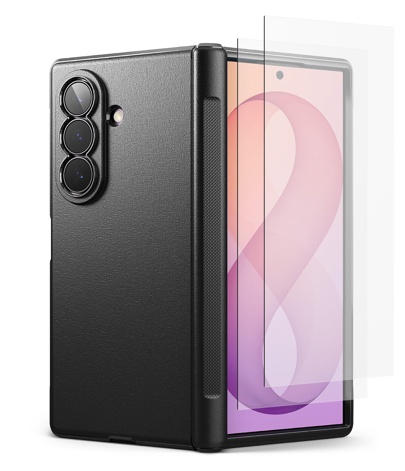 [Bundle] Galaxy Z Fold 8 Ultra | Onyx Flap + Screen Protector (2P) - A black foldable smartphone case shown closed, with a transparent screen protector partially covering the front display area. The phone inside appears to be a Samsung Galaxy-style device, but the sold product is the case/protector rather than the phone itself, so no visible brand is listed.