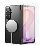 [Bundle] Galaxy Z Fold 8 Ultra | Onyx Flap Magnetic + Screen Protectors (2P) - Black protective phone case with a built-in circular magnetic mount, shown alongside a clear tempered glass screen protector on a white background.