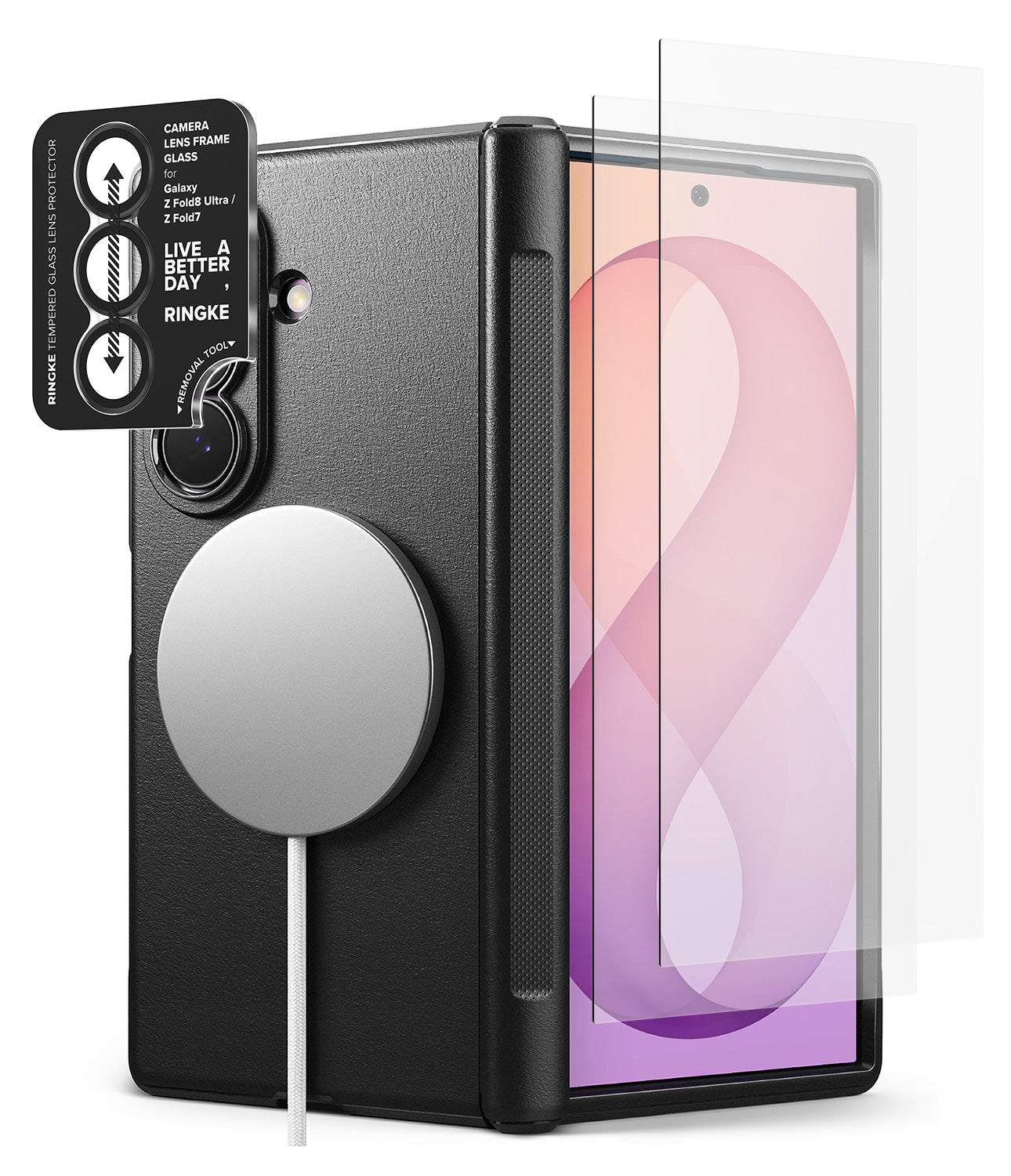[Bundle] Galaxy Z Fold 8 Ultra | Onyx Flap Magnetic + Screen / Camera Protectors (2P) - A black protective phone case with a MagSafe-compatible magnetic ring, shown alongside a clear screen protector and a black camera frame sticker. The phone inside displays a pink and purple wallpaper.
