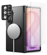 [Bundle] Galaxy Z Fold 8 Ultra | Onyx Flap Magnetic + Screen / Camera Protectors (2P) - A black protective phone case with a MagSafe-compatible magnetic ring, shown alongside a clear screen protector and a black camera frame sticker. The phone inside displays a pink and purple wallpaper.