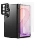 [Bundle] Galaxy Z Fold 8 Ultra | Onyx Flap (BK) + Screen / Camera Protectors (2P) - Black protective phone case with a textured leather-like finish, shown alongside a clear screen protector and a camera lens protector sticker branded Ringke.