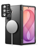 [Bundle] Galaxy Z Fold 8 Ultra | Onyx Flap Magnetic + Camera Protectors (2P) - A black protective phone case with a textured back and a raised camera bar, shown alongside a smartphone displaying a pink and purple wallpaper. The case features a large circular MagSafe-compatible magnetic ring on the back, and an inset diagram on the top left explains the camera lens glass and live photo feature.