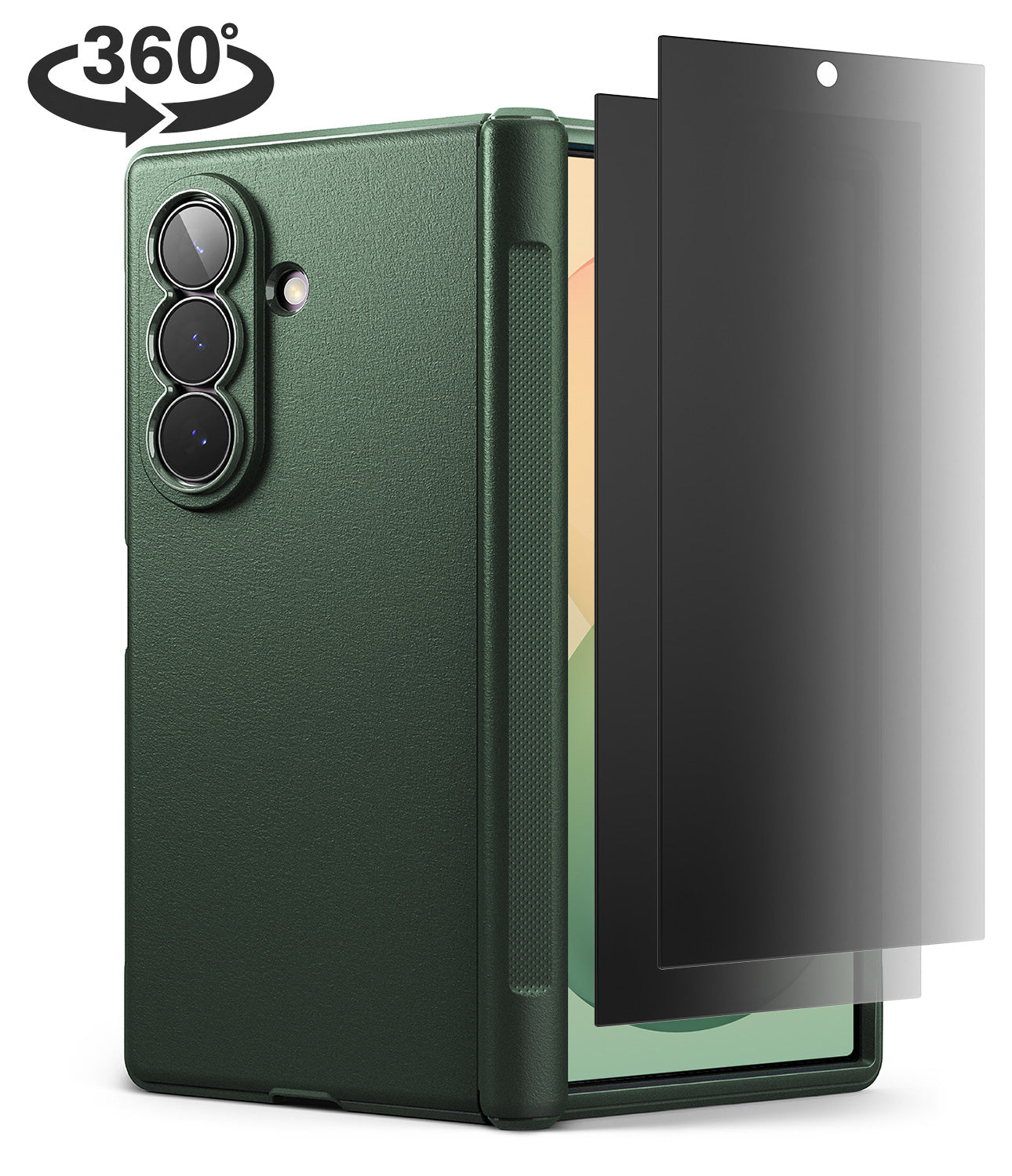 [Bundle] Galaxy Z Fold 8 Ultra | Onyx Flap (GRN) + 360° Privacy - A dark green foldable phone case shown closed, with a black tinted screen protector partially covering the front. The image includes a '360°' graphic in the top left corner, set against a clean white background.