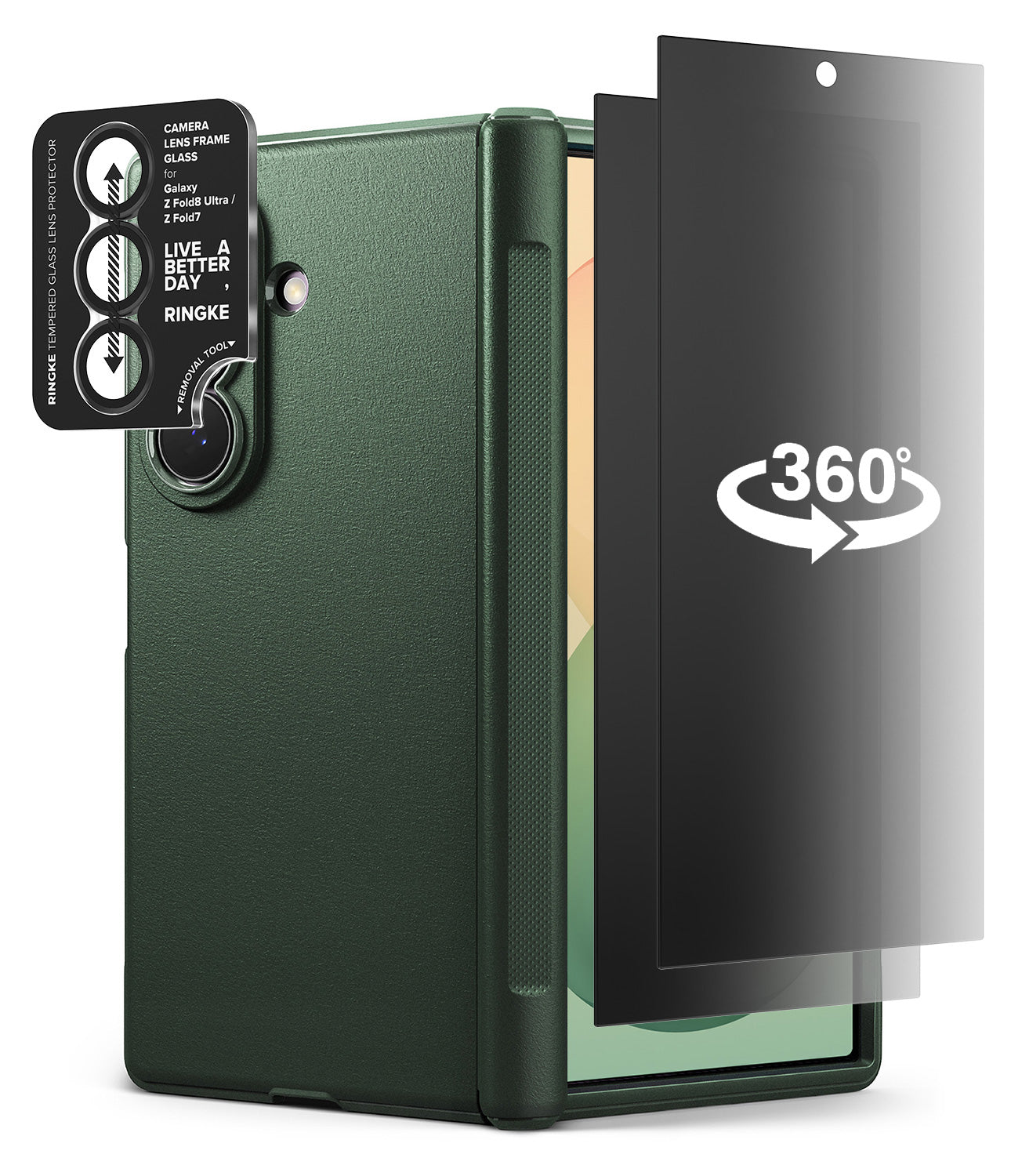 [Bundle] Galaxy Z Fold 8 Ultra | Onyx Flap (GRN) + 360° Privacy & Camera Protectors - A dark green protective phone case shown with a black camera lens protector and a black 360-degree screen protector overlay, on a clean white background.