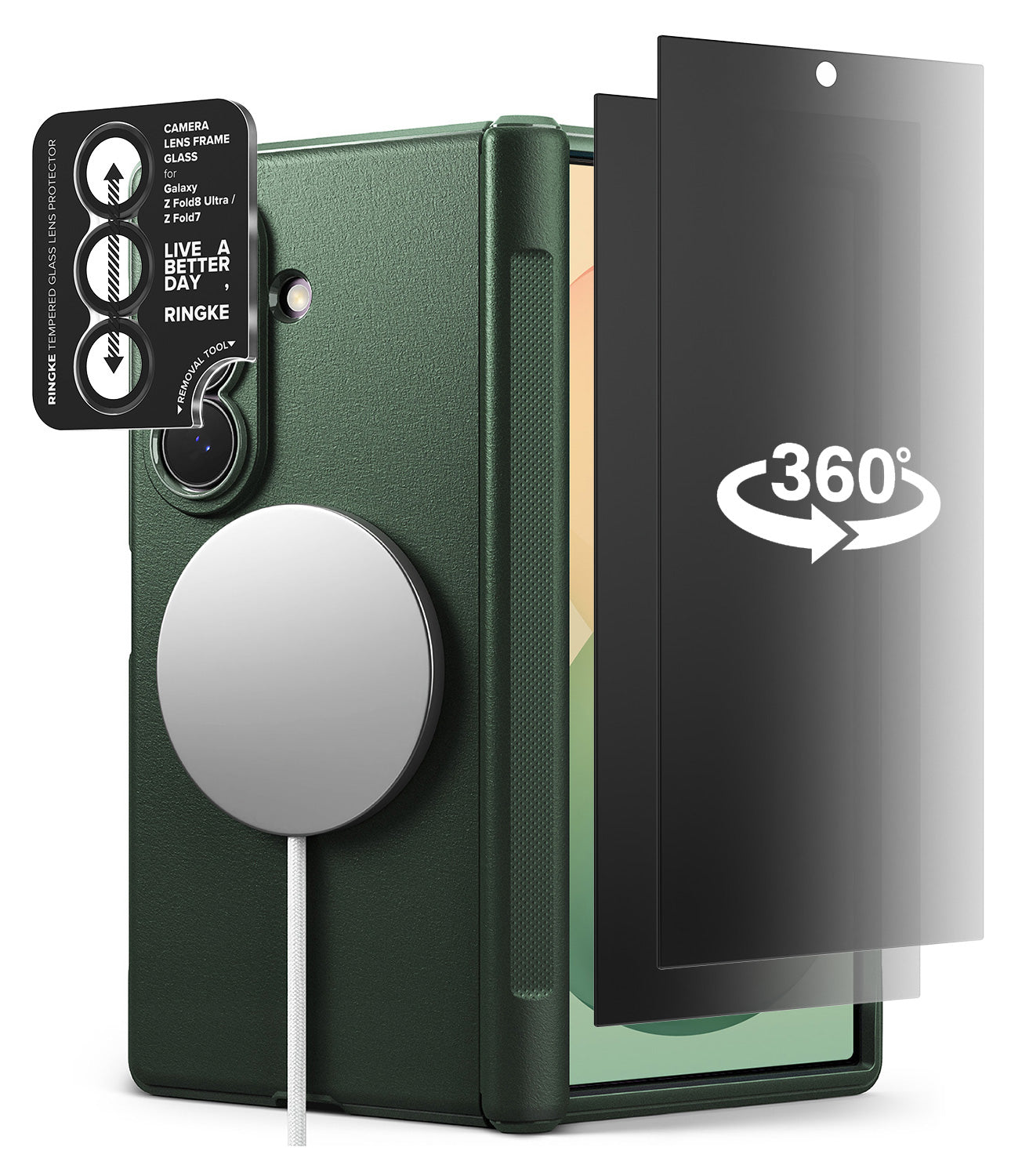 [Bundle] Galaxy Z Fold 8 Ultra | Onyx Flap Magnetic (GRN) + 360° Privacy & Camera Protectors - A dark green protective phone case with a MagSafe-compatible circular magnetic ring, shown alongside a black 360-degree screen protector and a black camera lens protector sticker. The phone inside the case displays a colorful wallpaper.