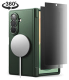 [Bundle] Galaxy Z Fold 8 Ultra | Onyx Flap Magnetic (GRN) + 360° Privacy - A dark green textured phone case shown on a smartphone, with a black tinted screen protector partially covering the front and a white circular MagSafe ring attached to the back. A '360°' graphic appears in the top left corner.