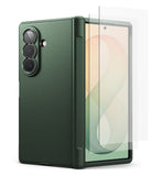 [Bundle] Galaxy Z Fold 8 Ultra | Onyx Flap + Screen Protector (2P) - A dark green foldable smartphone case shown open, with a transparent screen protector positioned in front of the display area.