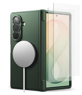 [Bundle] Galaxy Z Fold 8 Ultra | Onyx Flap Magnetic + Screen Protectors (2P) - A dark green foldable smartphone case shown closed with a circular MagSafe-style magnetic ring attached, alongside a transparent screen protector leaning against the phone, on a clean white background.
